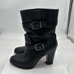 Pour La Victoire Women’s Black Leather Roslin Mid-Calf Buckle Boots Size 8M